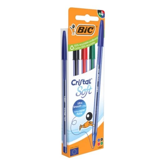 BIC Cristal Soft Stylo À Bille Couleurs Assorties 4 Unités Emballage 100% Carton Recyclable