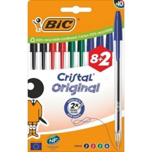 Bolígrafo Bic Cristal Original 516355 Punta 1mm Secado Rápido Tinta de Aceite 10 Unidades Colores Surtidos