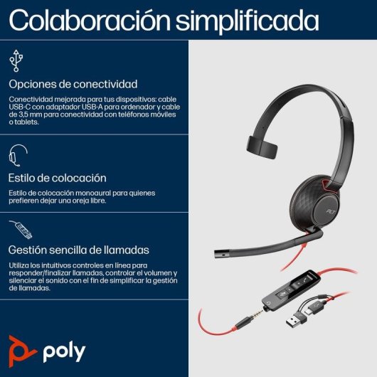 Auriculares Poly Blackwire 5210 filaires USB-C et jack 3,5 mm avec micro antibruit noir