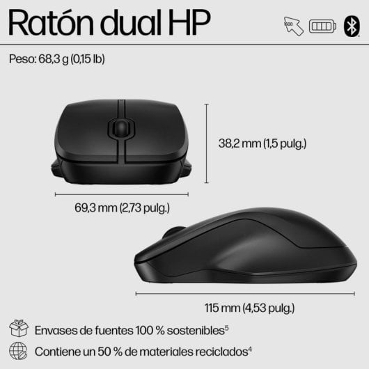 Ratón HP inalámbrico Dual 1600 DPI Bluetooth RF ambidiestro negro baterías