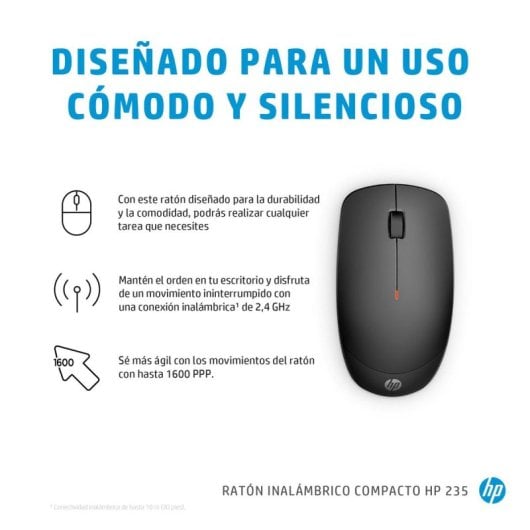 Ratón HP inalámbrico 1600 DPI compacto ambidiestro silencioso negro