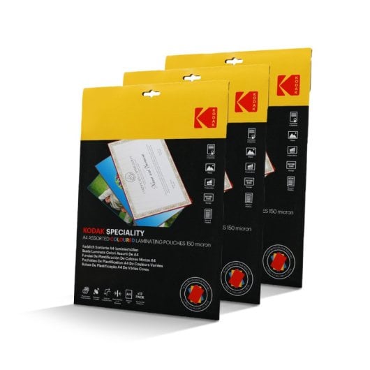 Kodak Fundas Plastificadas A4 Colores – Kd-lma4clr-pk12c – 3 X 12 (36), 150 Micras, Colores Vivos