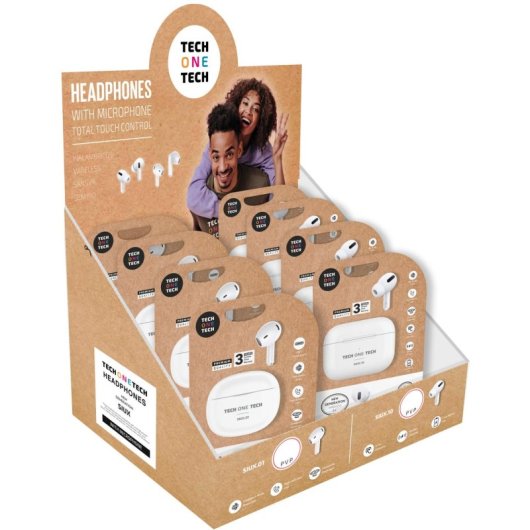 Auriculares Tech One Tech inalámbricos Bluetooth blancos, pack 8 uds, resistencia agua IPX5