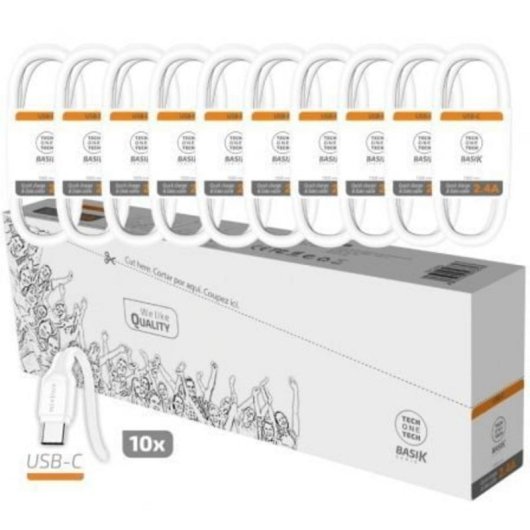 Cable USB Tech One Tech Basik TEC2953 1m USB-C Pack 10, PVC trenzado, 2.4A, blanco