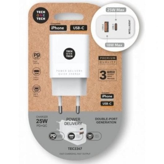 Carregador Tech One Tech TEC2267 25W PD Ultrarrápido Branco USB Tipo-C USB-A