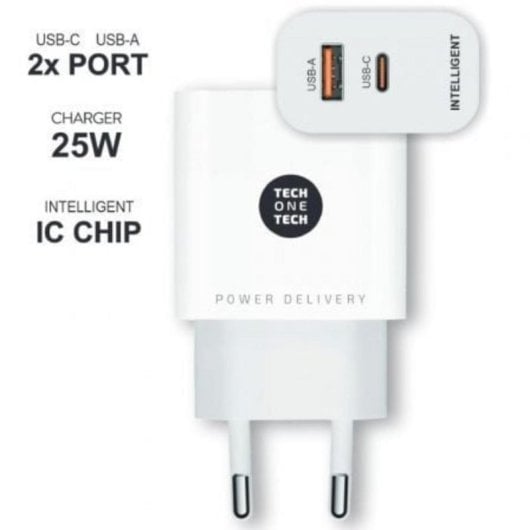 Carregador Tech One Tech TEC2267 25W PD Ultrarrápido Branco USB Tipo-C USB-A
