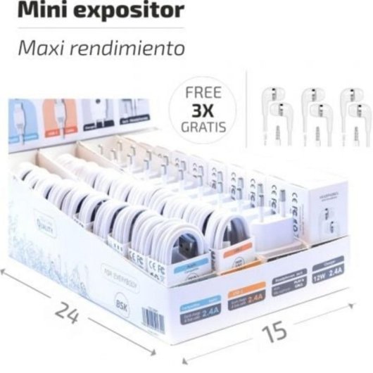 Expositor BSK Tech One con 10 cargadores USB-A, 20 cables Lightning y USB-C, 13 auriculares con micrófono blancos