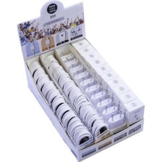 Expositor BSK Tech One con 10 cargadores USB-A, 20 cables Lightning y USB-C, 13 auriculares con micrófono blancos