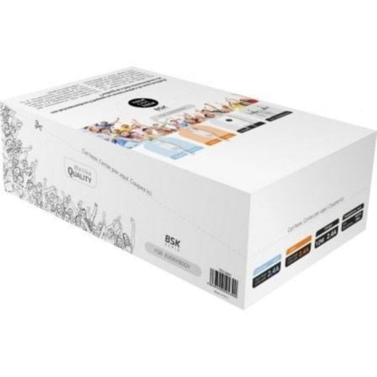 Expositor BSK Tech One con 10 cargadores USB-A, 20 cables Lightning y USB-C, 13 auriculares con micrófono blancos