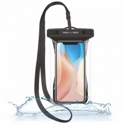 Funda para móvil Tech One Tech TEC2855 Impermeable TPU Negra Flotante Lanyard para smartphones hasta 7,5 pulgadas