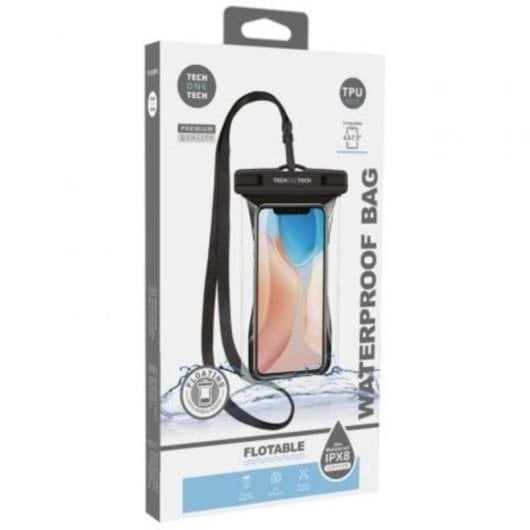 Funda para móvil Tech One Tech TEC2855 Impermeable TPU Negra Flotante Lanyard para smartphones hasta 7,5 pulgadas