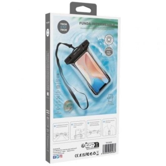 Funda para móvil Tech One Tech TEC2855 Impermeable TPU Negra Flotante Lanyard para smartphones hasta 7,5 pulgadas