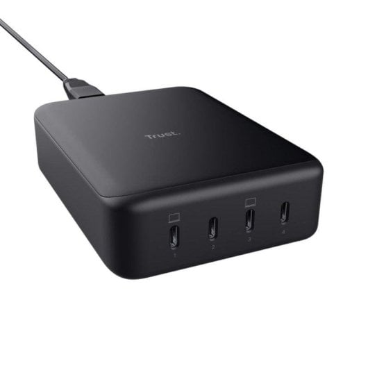 Cargador Trust Maxo GaN 240W 4x USB-C Negro carga rápida y protección avanzada