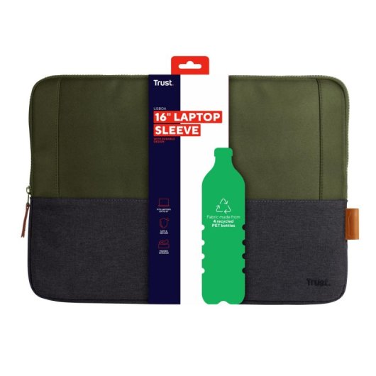 Funda portátil Trust Lisboa hasta 16" tejido reciclado acolchado impermeable verde elegante