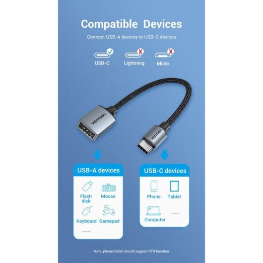 Conversor USB Tipo-C a USB-A Vention CCWHB 0.15m USB 2.0 Gris Níquel Protegido