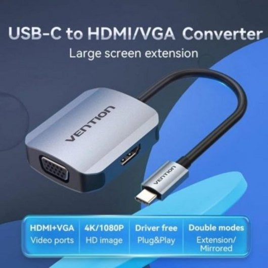 Conversor Vention TDIHB USB Tipo-C a HDMI 4K y VGA 1080p 15cm Aleación Aluminio Gris