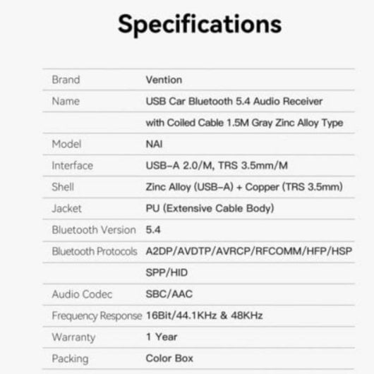 Receptor Bluetooth Vention NAIHG Bluetooth 5.4 USB-A Jack 3.5mm Micrófono Integrado
