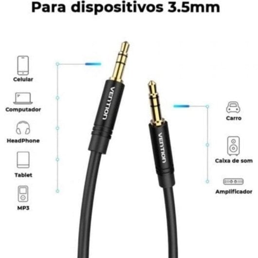 Cabo Áudio Vention BAKBF Jack 3.5mm Macho-Macho 1m Preto Ouro 24K Plug and Play