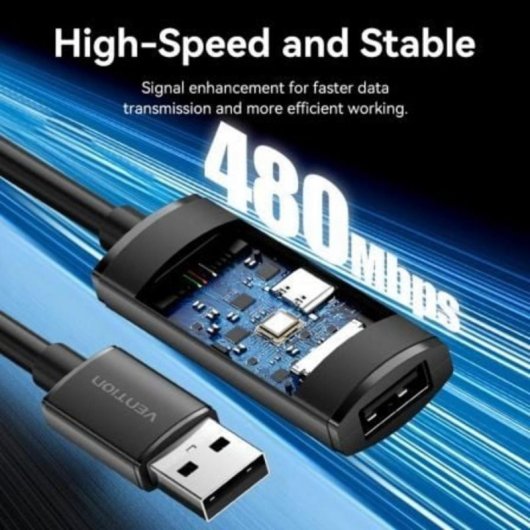 Cable Alargador USB 2.0 Vention CBKBJ 5m 480Mbps Macho-Hembra Blindaje Doble Negro