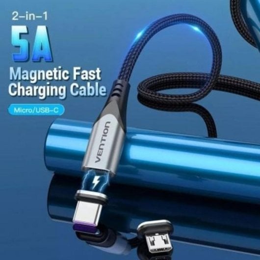 Cable USB 2.0 Vention CQNHD 50cm Magnético Algodón Trenzado 5A microUSB y USB-C Gris