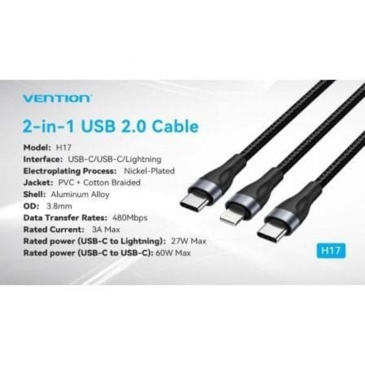 USB-C-Kabel Vention H17BAV 60W 480Mbps 1,2m Schwarz USB-C auf Lightning USB-C Kabel USB-C-Kabel Vention H17BAV 60W 480Mbps 1,2m Schwarz