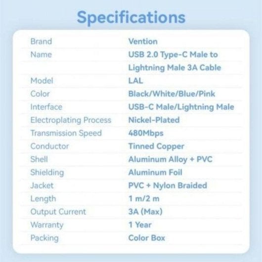 Datenkabel Vention LALWF USB-C Lightning 27W 480Mbps 1m Weiß