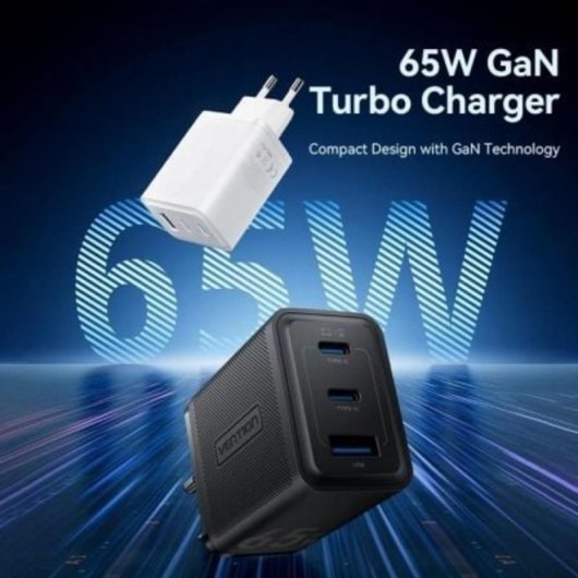 Cargador GaN Vention FERW0-EU 65W 2x USB-C 1x USB-A Blanco Carga Rápida Multi-dispositivo
