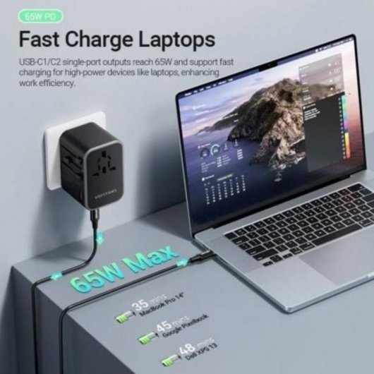 Cargador de Pared Universal Vention FJDB0 65W 2xUSB-C USB-A GaN Compacto Global