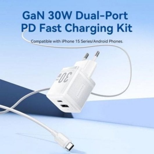 Cargador de pared GaN Vention TZ-FEQB0-EU-01 2 Puertos USB-C + USB-A 30W Cable USB-C