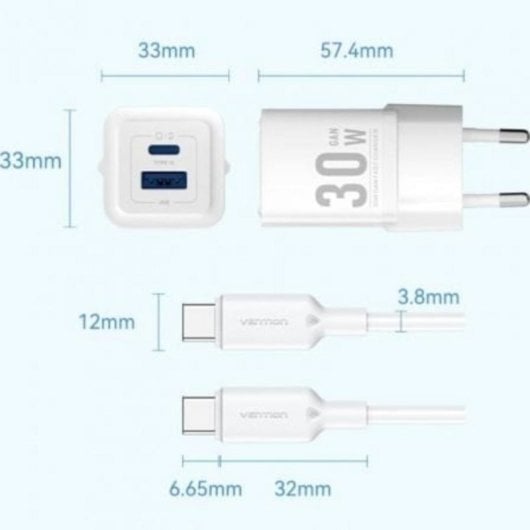 Cargador de pared GaN Vention TZ-FEQB0-EU-01 2 Puertos USB-C + USB-A 30W Cable USB-C