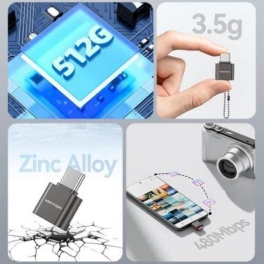 Lector de Tarjetas Vention CLMH0 USB 2.0 Tipo-C Galvanoplastia Níquel Gris