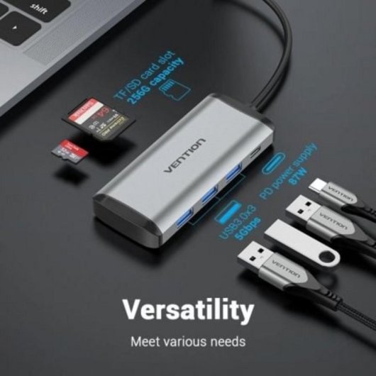 Docking USB Tipo-C Vention TGRHB 3xUSB 1xLector Tarjetas 1xUSB-C PD Gris 87W