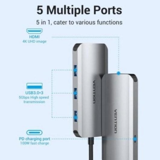 Docking USB-C Vention TODHB 1xHDMI 3xUSB 1xUSB-C PD 4K@30Hz 5Gbps 100W Gris