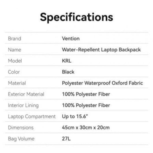 Mochila Vention KRLB0 15.6" Impermeable 100% Poliéster Negro Volumen 27L