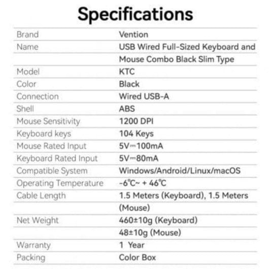 Teclado Vention KTCB0-ES de membrana Layout ES com rato óptico 1200 DPI USB-A