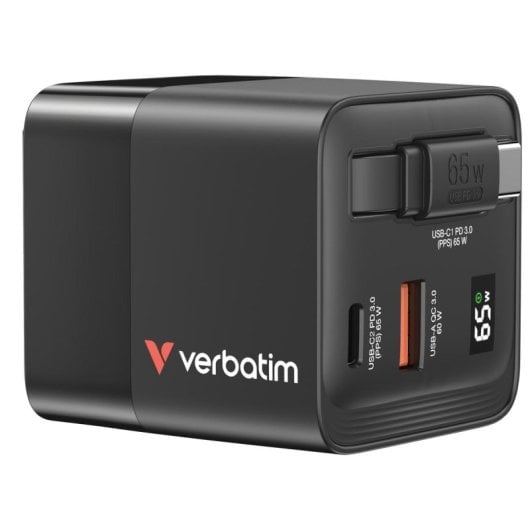 Cargador GaN Verbatim 65W USB-C Carga Rápida Protección Multinivel Negro