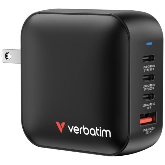 Cargador Verbatim Mini GaN 100W 3x USB-C Carga Rápida Protección Múltiple Negro
