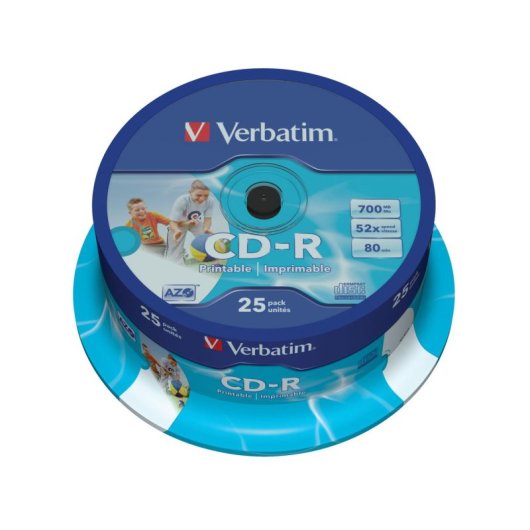 CD-R Verbatim AZO Wide Inkjet Printable 52x 700MB Eje 25 unidades