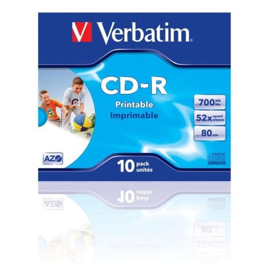 CD Verbatim AZO Wide Inkjet Printable 700MB 52x Caja de joyas 10 unidades