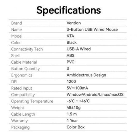 Ratón Vention con cable 1200 DPI USB-A precisión profesional compatible multiplataforma