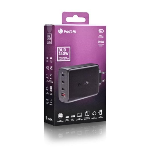 Cargador de pared NGS BUD 240W GaN 3 USB-C PD3.1/PPS y 1 USB-A QC3.0 ultrarrápido negro
