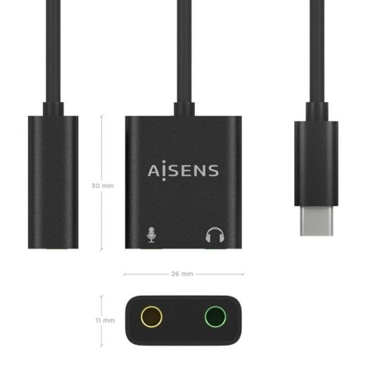 Conversor USB-C a Audio AISENS A109-0767 2x Jack 3.5 mm 48KHz Plug and Play Negro 10cm