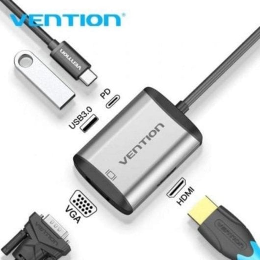 Conversor Vention TFAHB USB-C a HDMI/VGA/USB3.0/PD 87W 5Gbps 15cm Gris