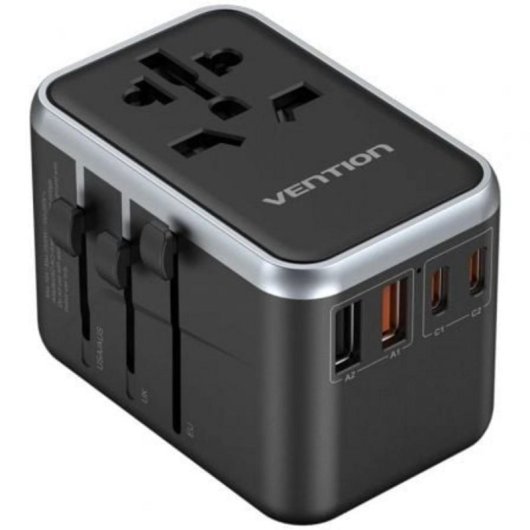 Cargador de Pared Universal Vention FJFB0 65W GaN 2xUSB-C 2xUSB-A 4 Enchufes Intercambiables Negro