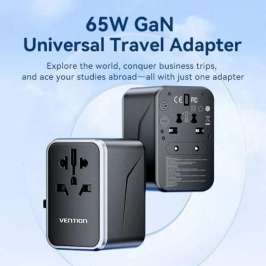 Cargador de Pared Universal Vention FJFB0 65W GaN 2xUSB-C 2xUSB-A 4 Enchufes Intercambiables Negro