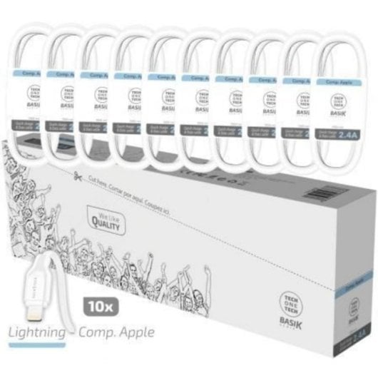 Cable Lightning Tech One Tech Basik TEC2952 2,4A 1m Blanco Pack 10 Unidades Refuerzo Antitorsión