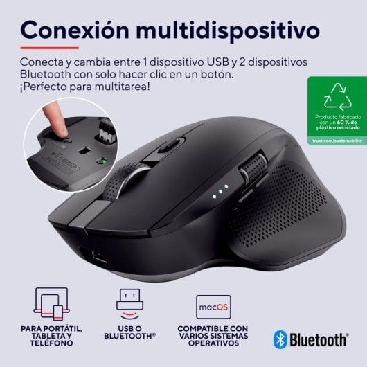 Ratón Trust inalámbrico 3200 DPI multidispositivo, batería recargable, botones silenciosos