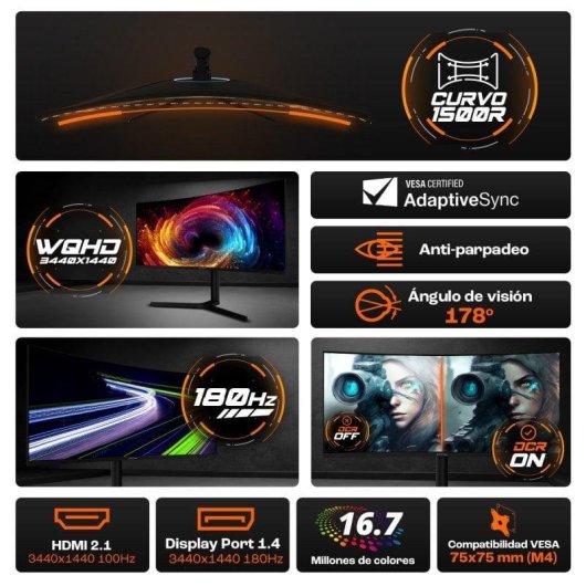 Monitor PC PcCom Elysium Pro 34" WQHD 180Hz Fast VA Curvo 1ms Adaptive Sync