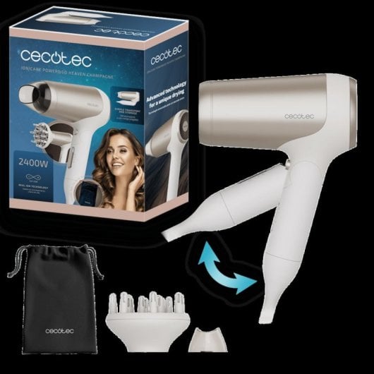Secador de Pelo IoniCare Power&Go Heaven Champagne 2400W Motor DC Plegable Tecnología Iónica Difusor Aire Frío Precision