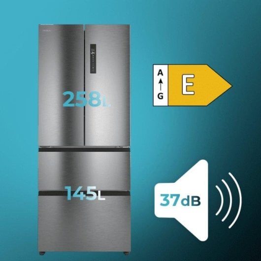 Kühlschrank Vier Türen Cecotec Bolero CoolMarket F2D 403 Inox E Total No Frost 185cm 403L E Grau Display Inverter